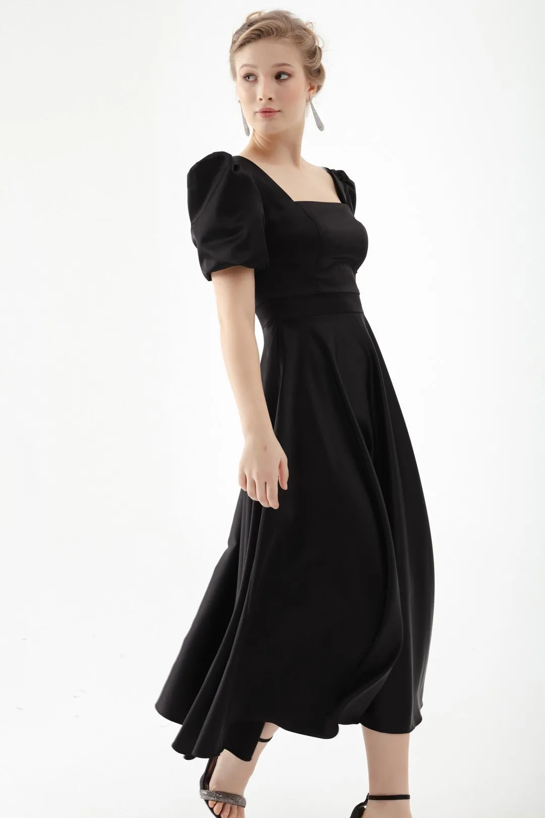 Female Square Collar Balloon Sleeve Midi Evening Dress