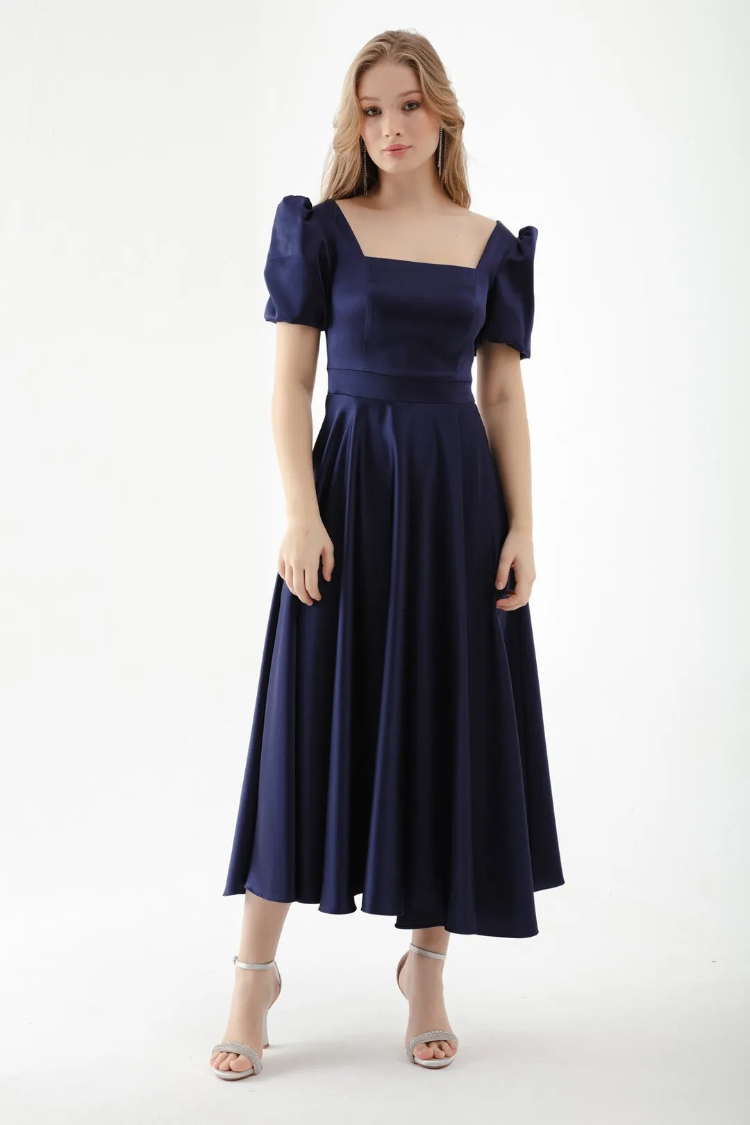 Female Square Collar Balloon Sleeve Midi Evening Dress