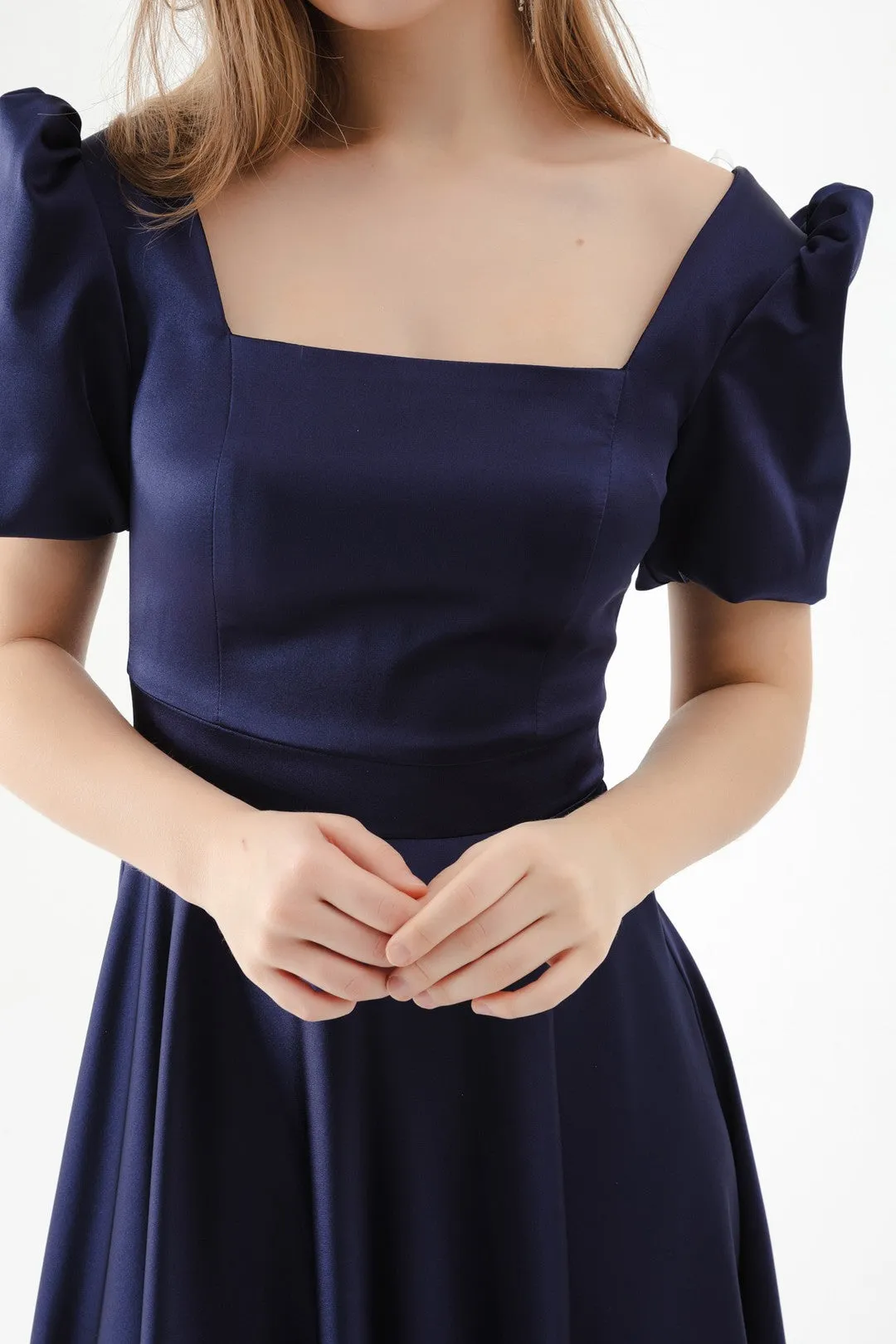 Female Square Collar Balloon Sleeve Midi Evening Dress