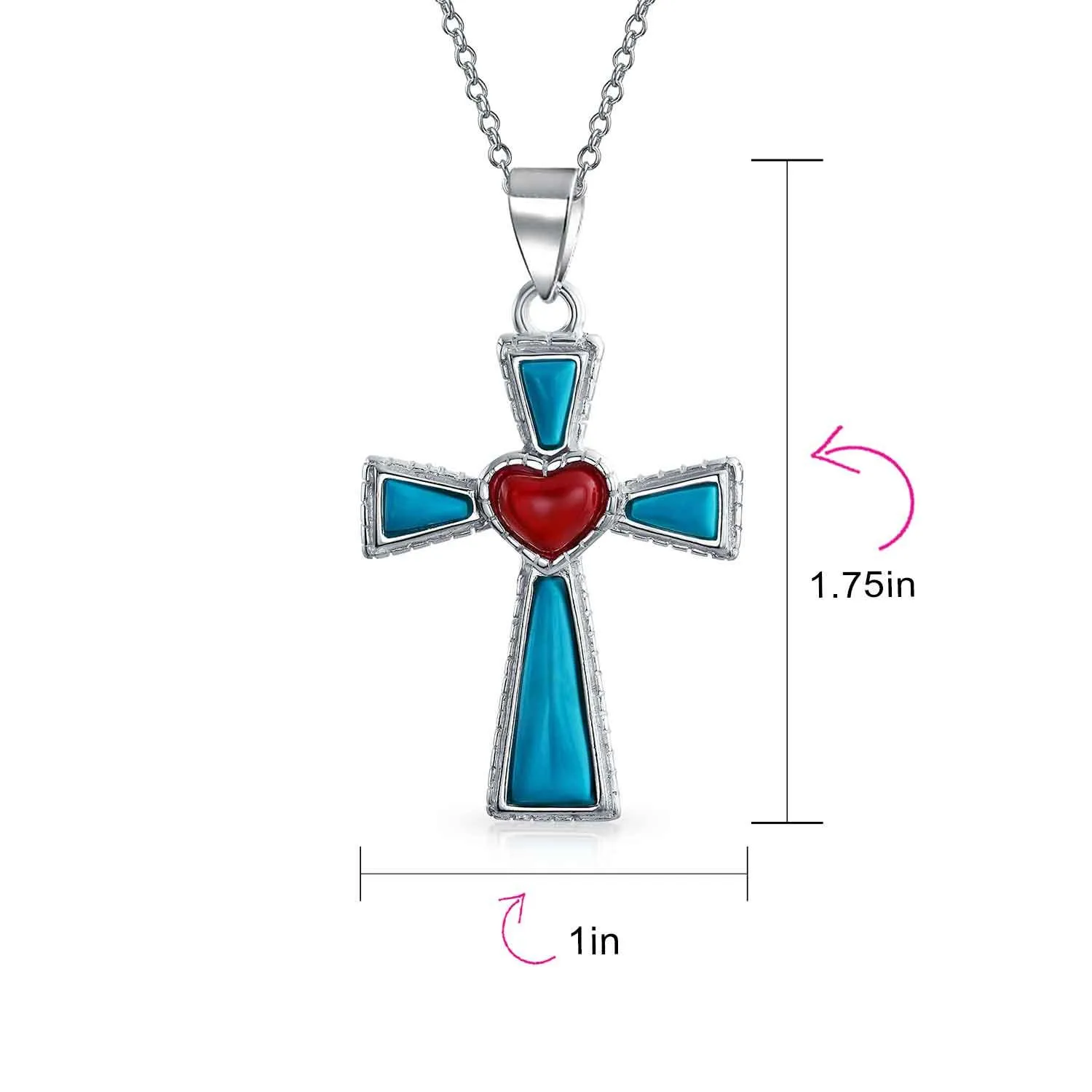 Gemstone Rope Edge Red Heart Cross Pendant Sterling Silver Necklace