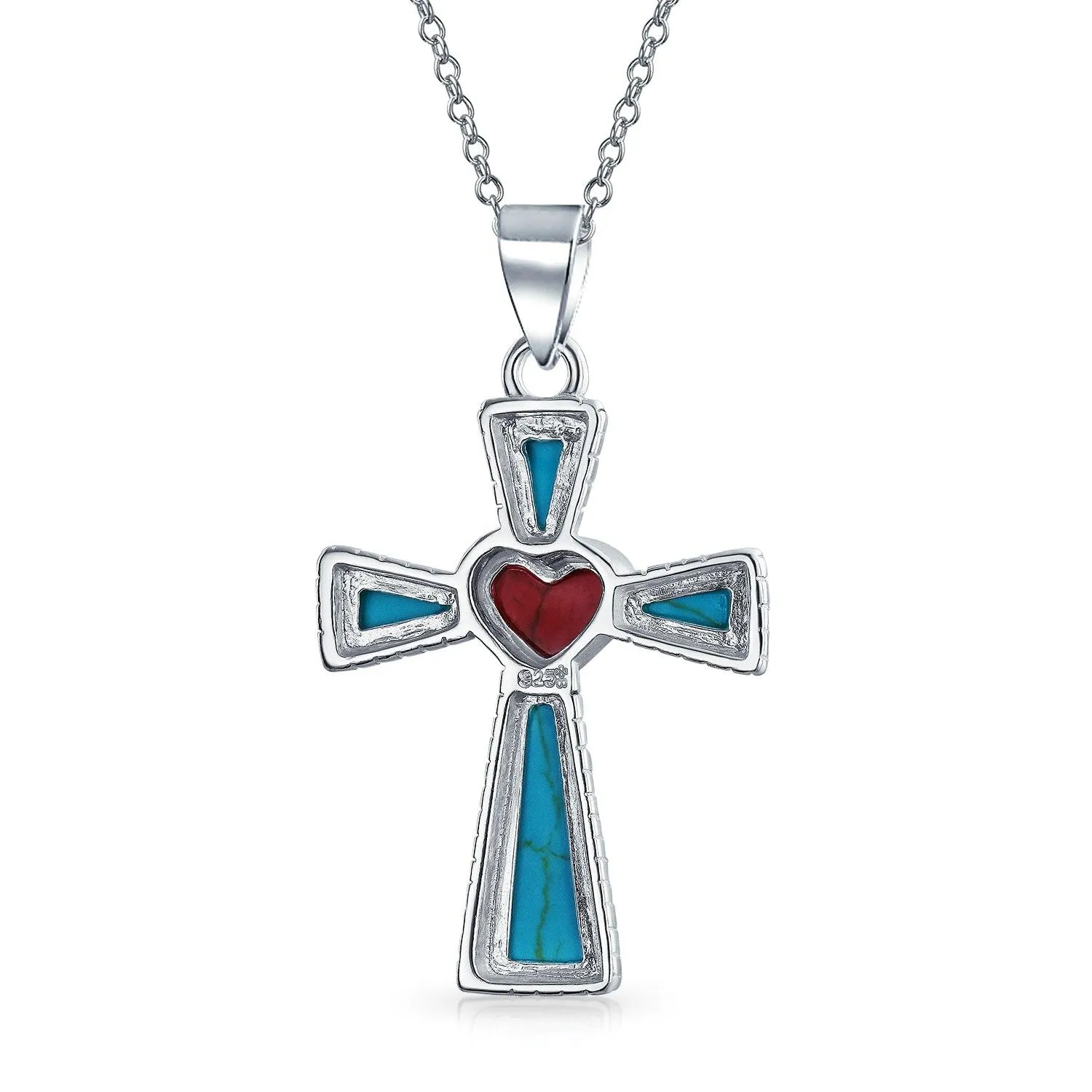 Gemstone Rope Edge Red Heart Cross Pendant Sterling Silver Necklace