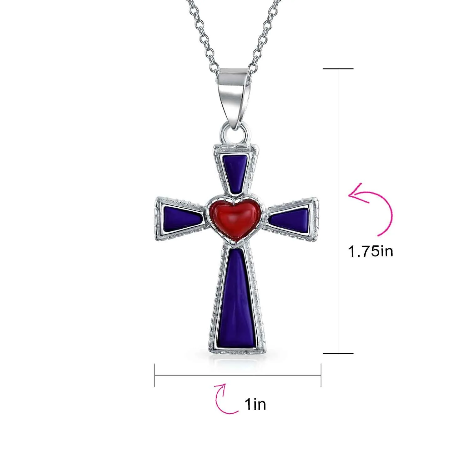 Gemstone Rope Edge Red Heart Cross Pendant Sterling Silver Necklace