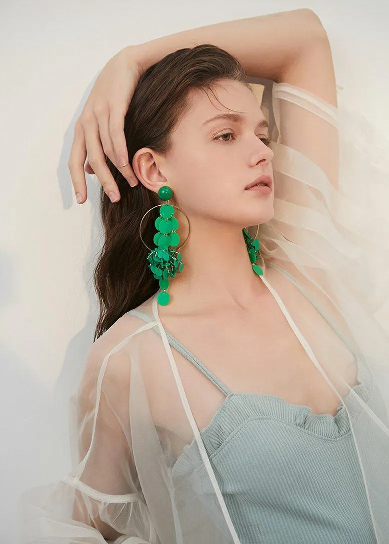 Green Hoop Disc Drop Earrings