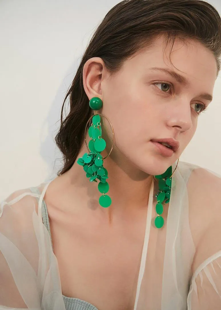 Green Hoop Disc Drop Earrings