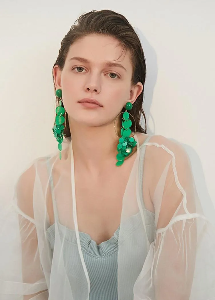 Green Hoop Disc Drop Earrings