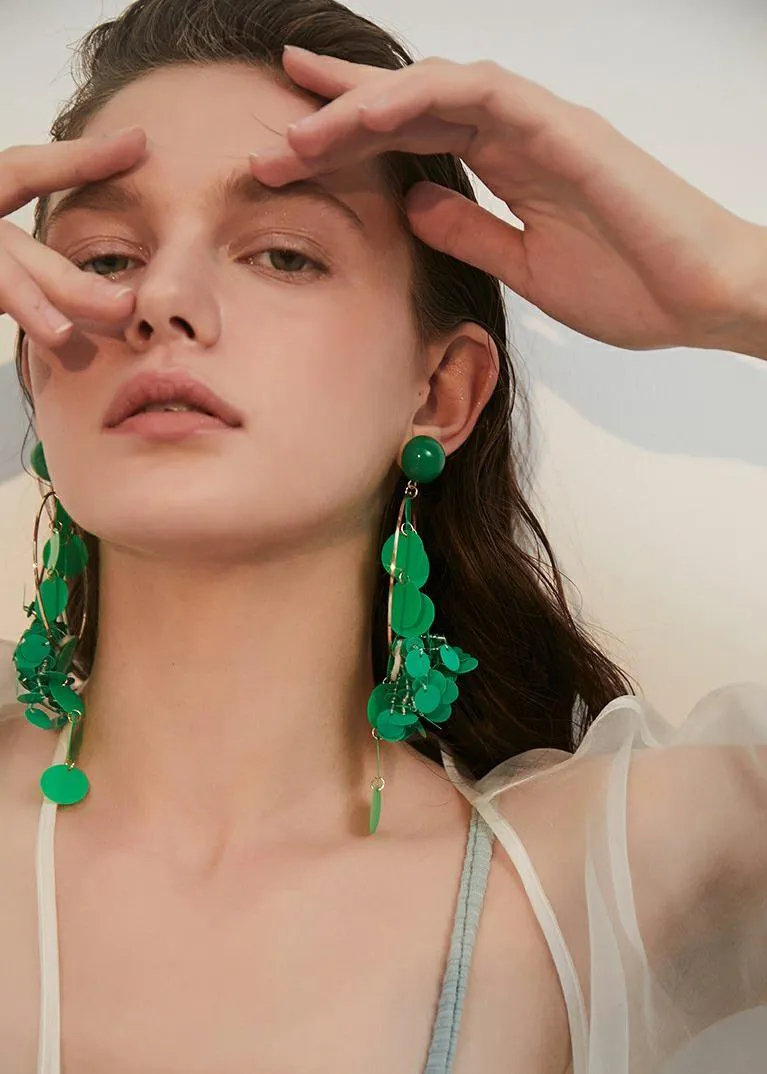 Green Hoop Disc Drop Earrings