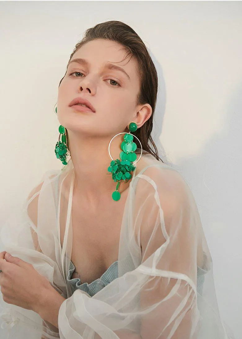 Green Hoop Disc Drop Earrings