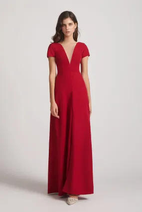 Illusion V-Neck Short Sleeve Red Split Bridesmaid Dresses (AF0019)