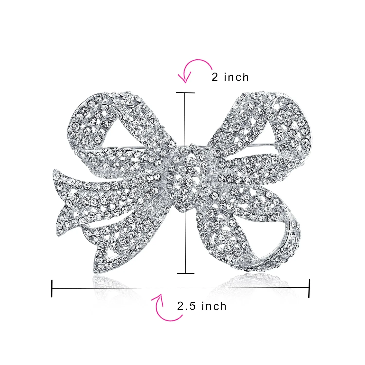 Large Bow Ribbon Crystal Wedding Bridal Brooch Pin Rose Silver Plated