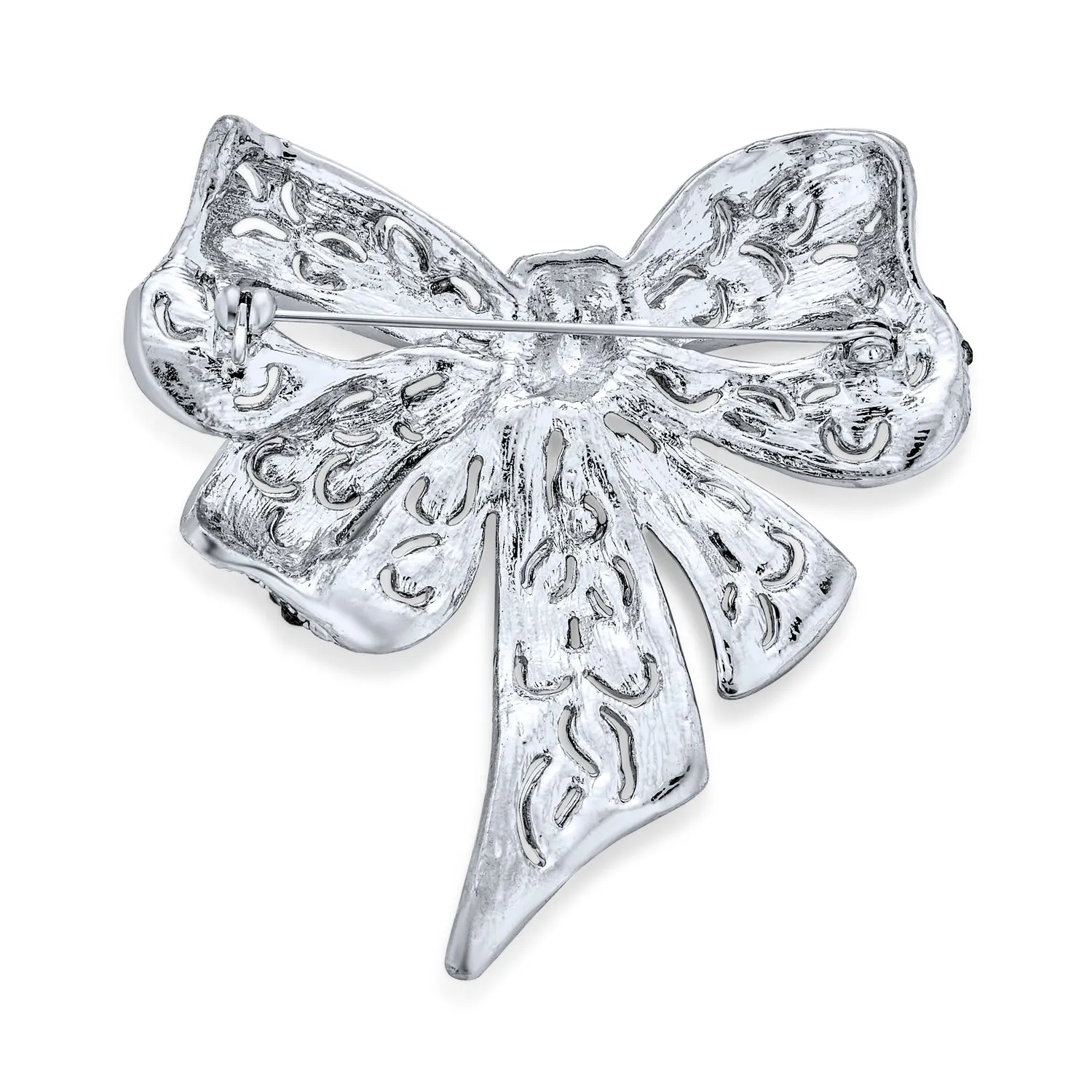 Large Bow Ribbon Crystal Wedding Bridal Brooch Pin Rose Silver Plated