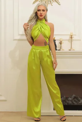 Lime Green Halter Wrap Top And Palazzo Satin Pants Set