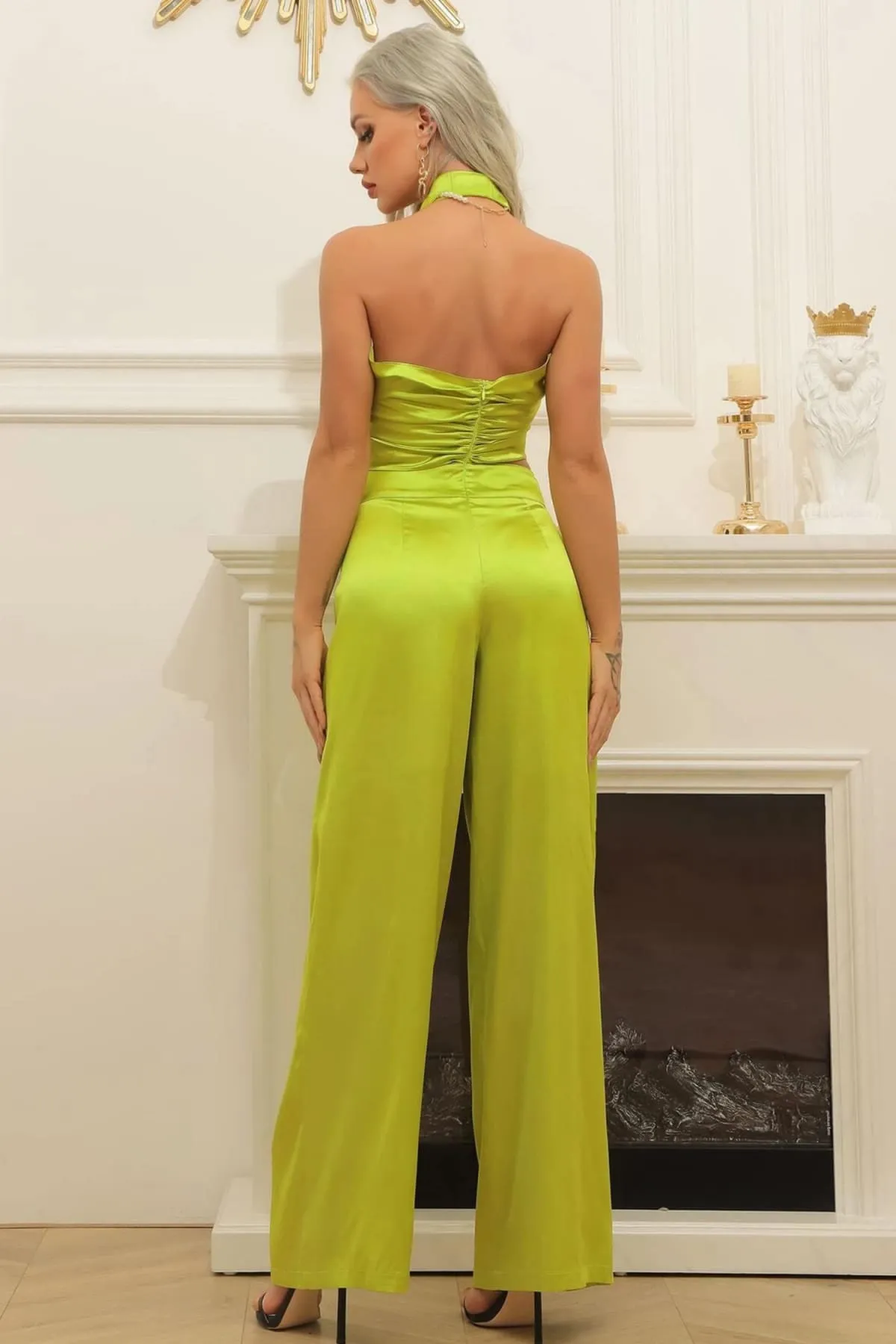 Lime Green Halter Wrap Top And Palazzo Satin Pants Set