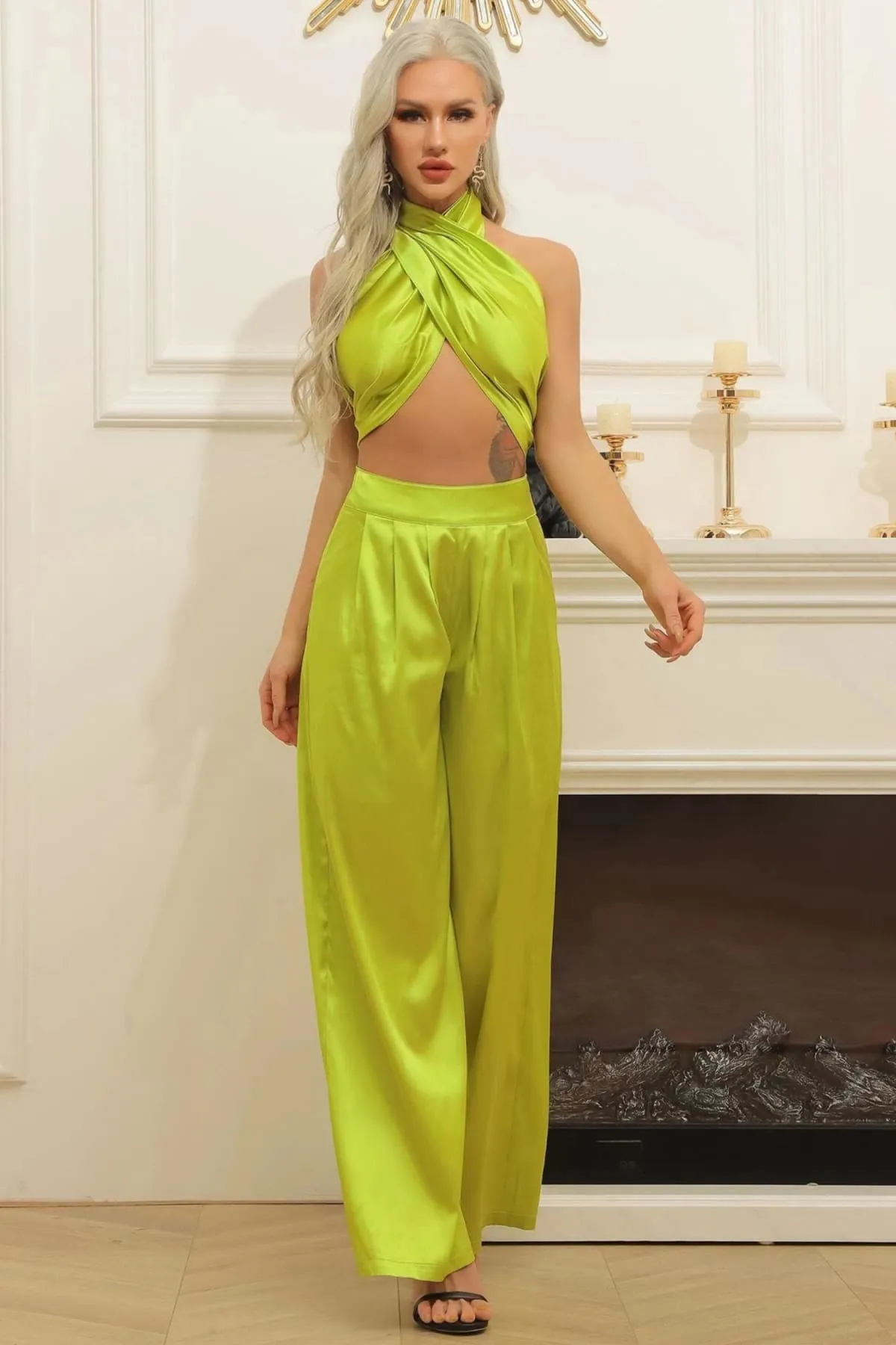 Lime Green Halter Wrap Top And Palazzo Satin Pants Set