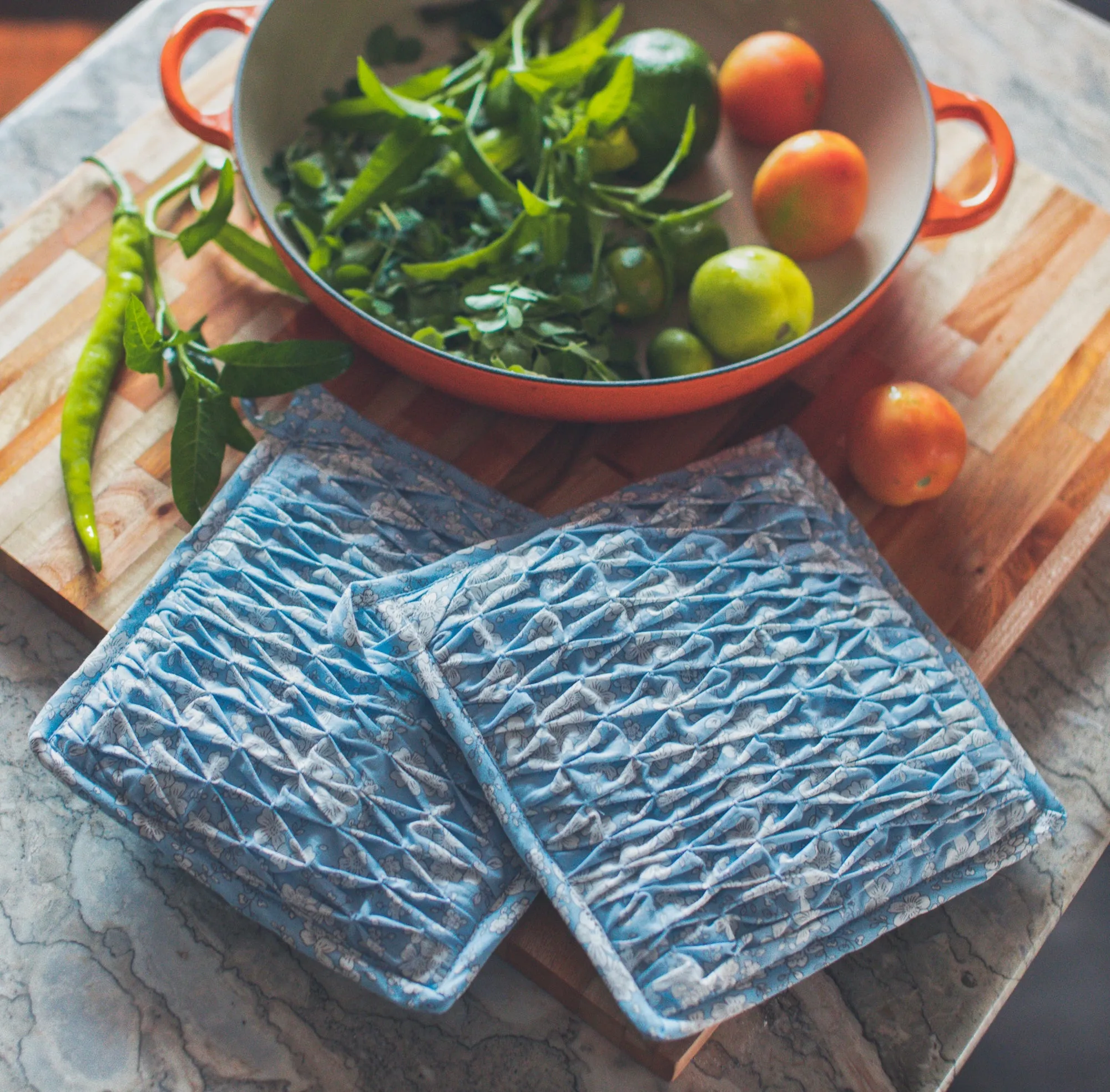 Lina - Pair of Smocked Blue Floral Potholders