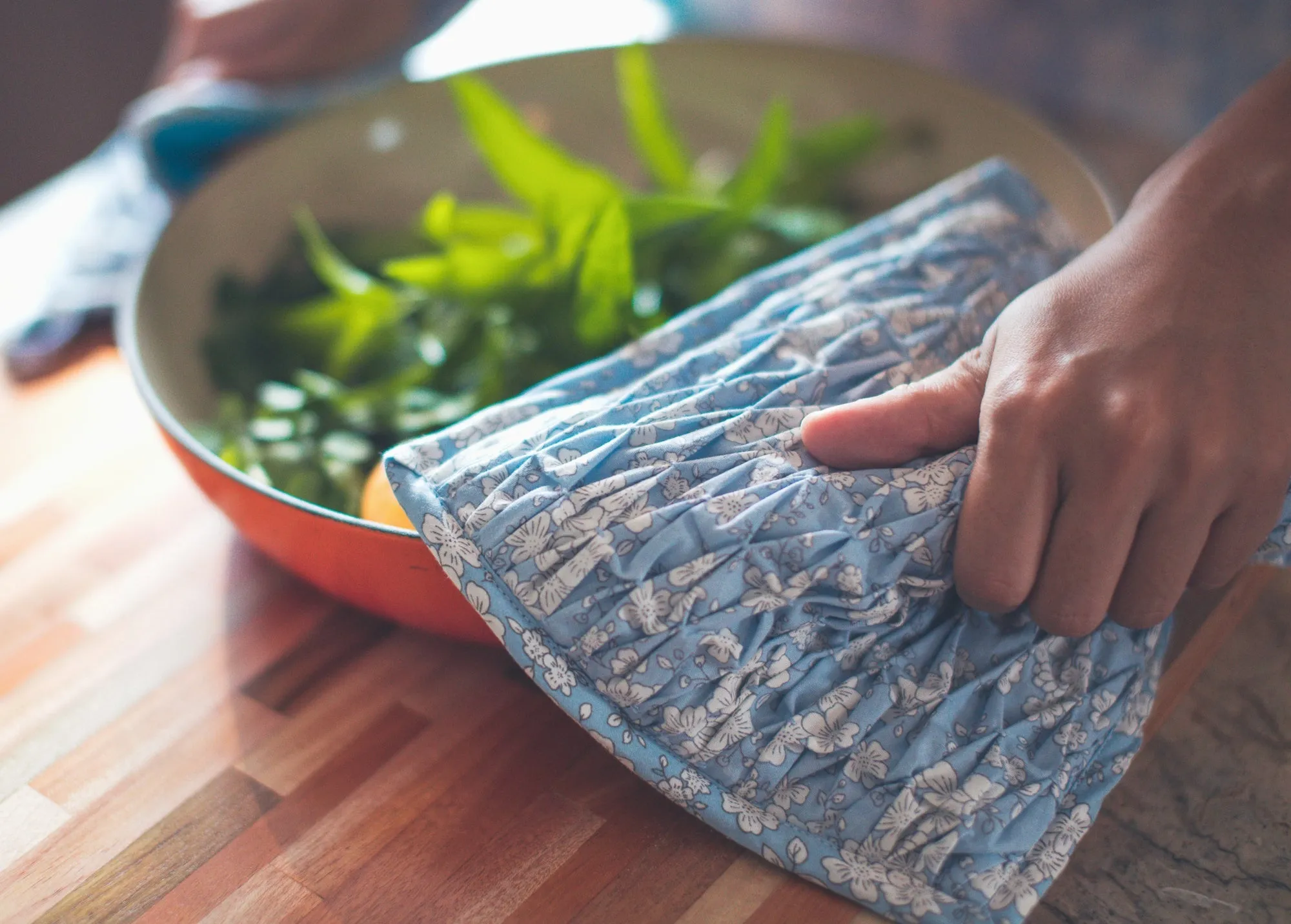 Lina - Pair of Smocked Blue Floral Potholders