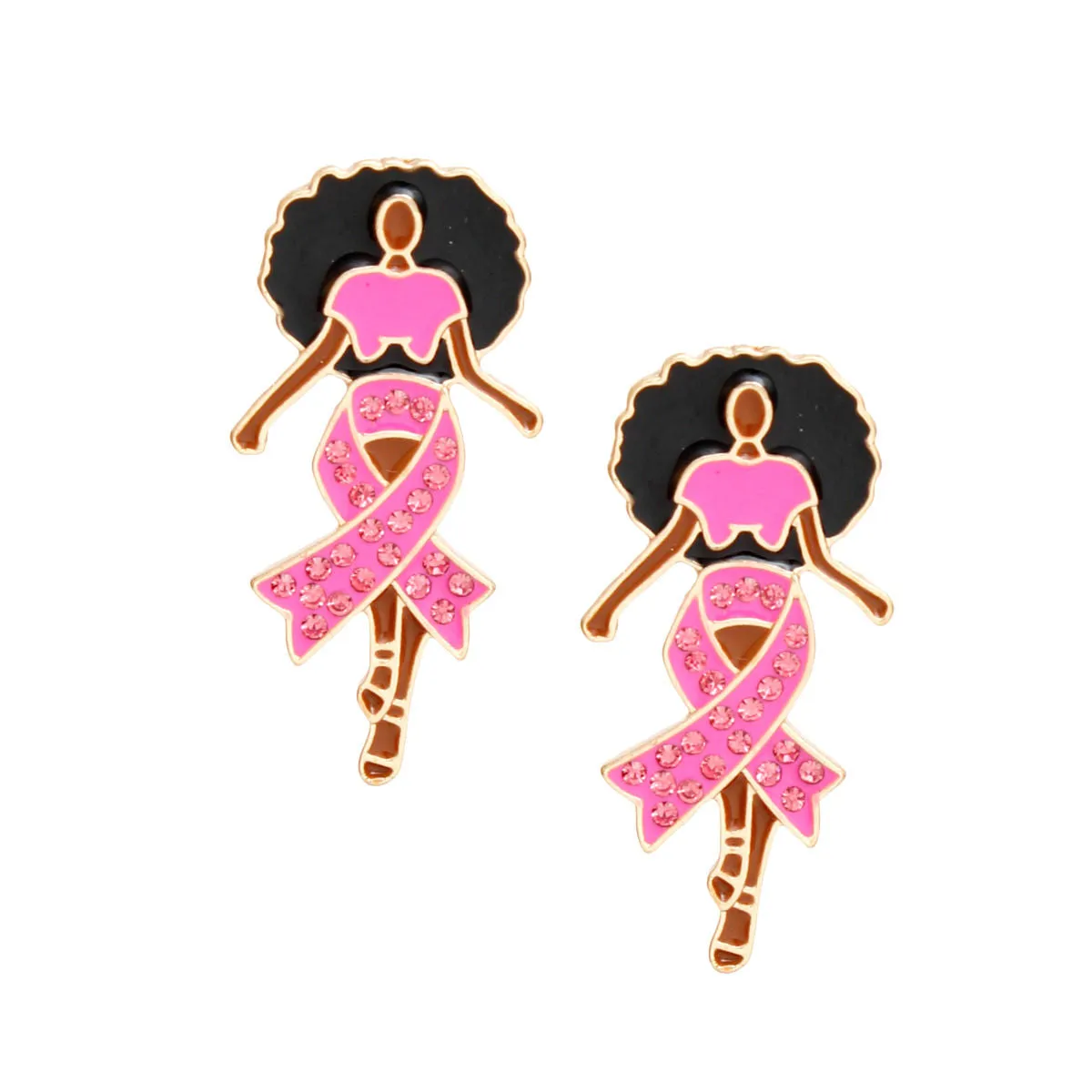 Pink Rhinestone Ribbon Breast Cancer Earrings - Gold