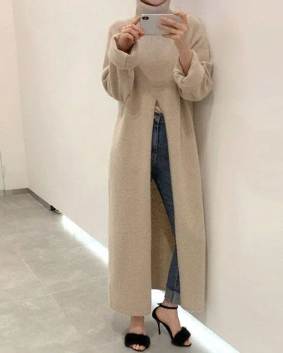 Sleeve Loose Casual Split Over the knee Long Sweater