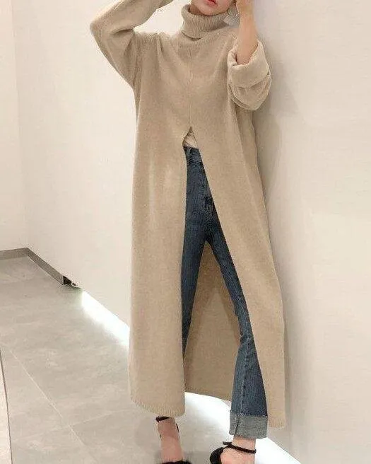 Sleeve Loose Casual Split Over the knee Long Sweater