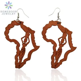 SOMESOOR Laser Engraved Afro Wooden Drop Handmade Earrings