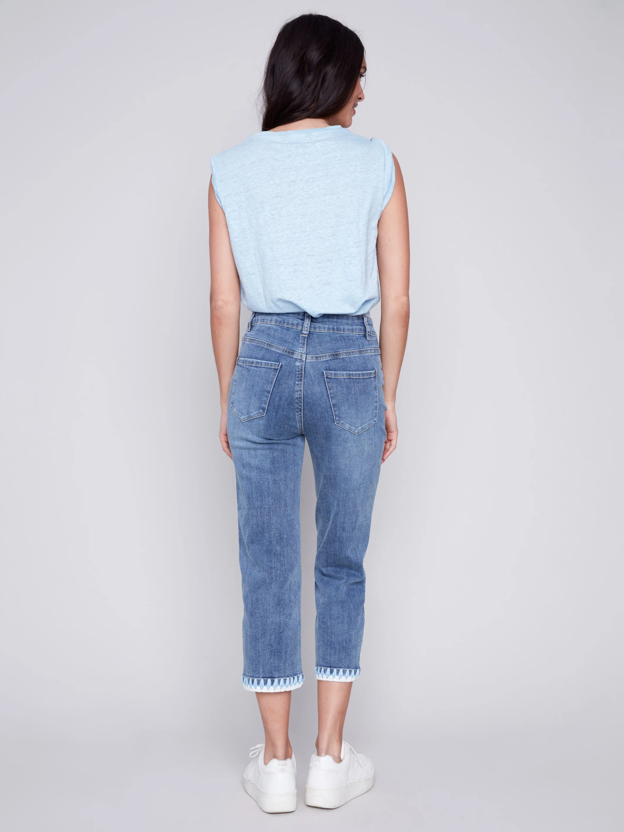 Straight Leg Jeans with Embroidered Stitch Hem - Medium Blue