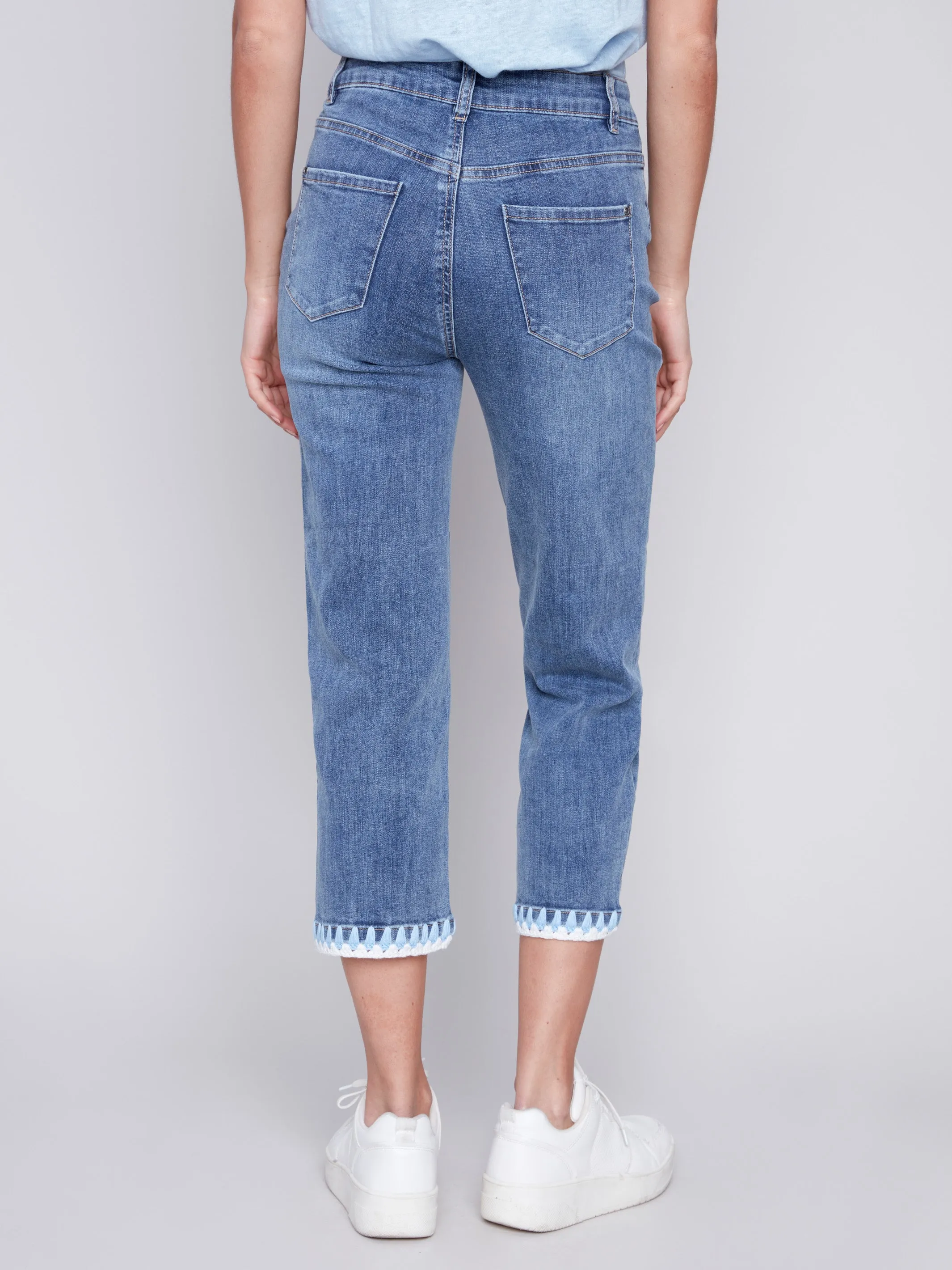 Straight Leg Jeans with Embroidered Stitch Hem - Medium Blue