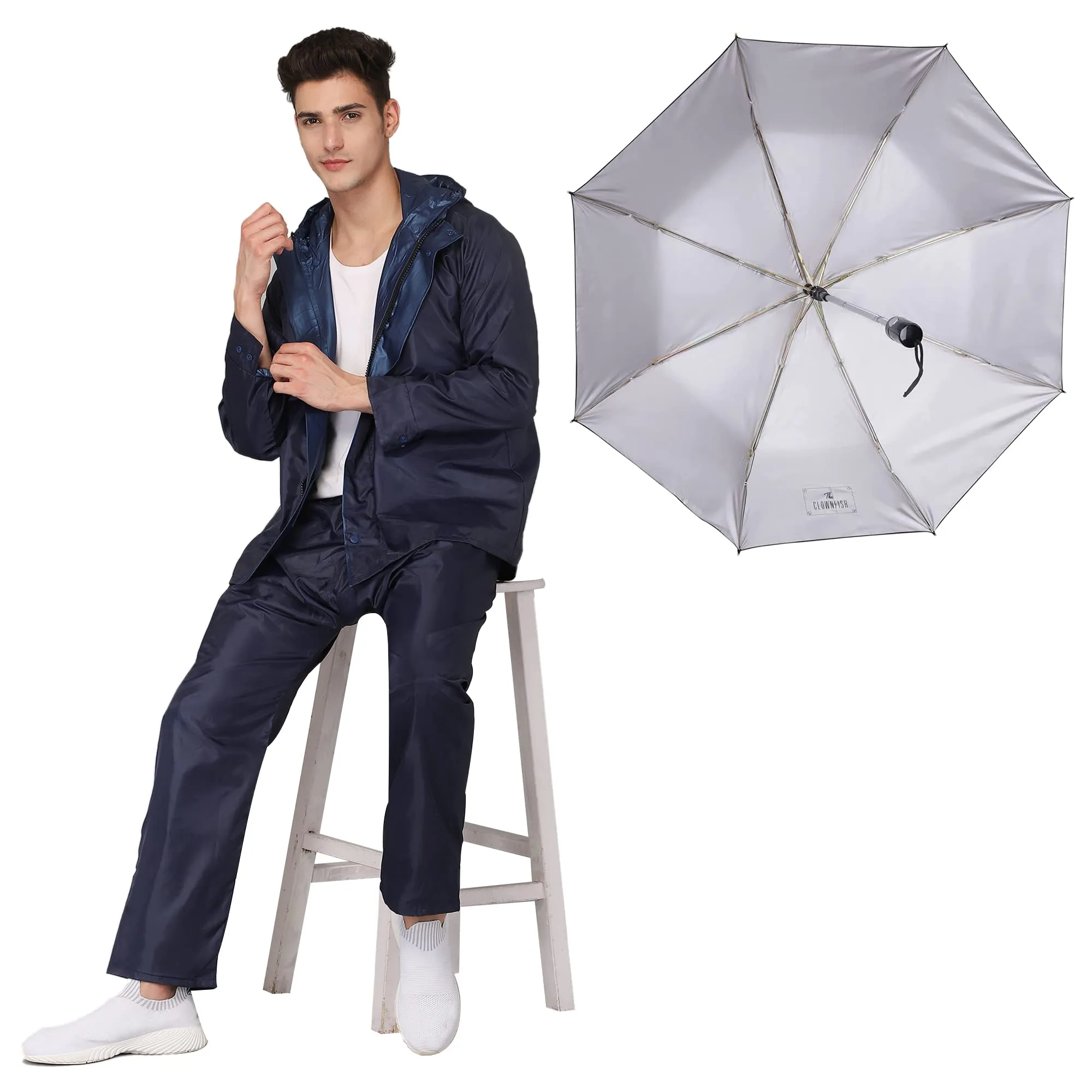 THE CLOWNFISH Combo Of Rain Coat for Men Waterproof Polyester (Blue L) Umbrella Savior Series 3 Fold Waterproof Polyester (Black)