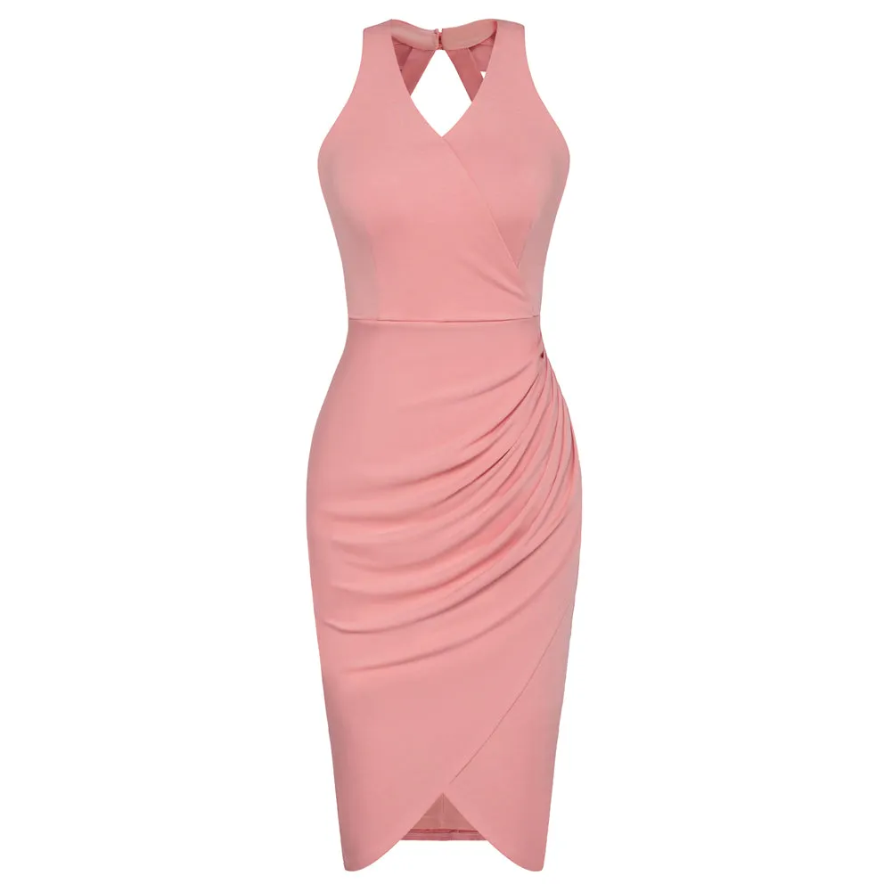 V Neck Wrap Dress Halter Sleeveless Ruched Bodycon Midi Cocktail Party Dresses