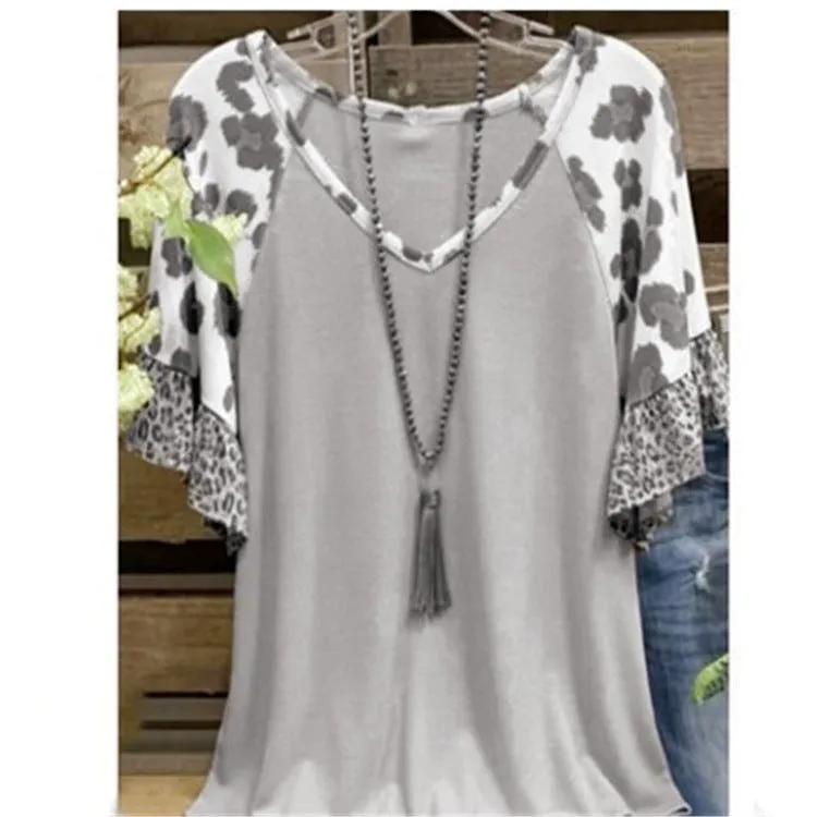 Waffle V-neck leopard print stitching casual five-point sleeve T-shirt