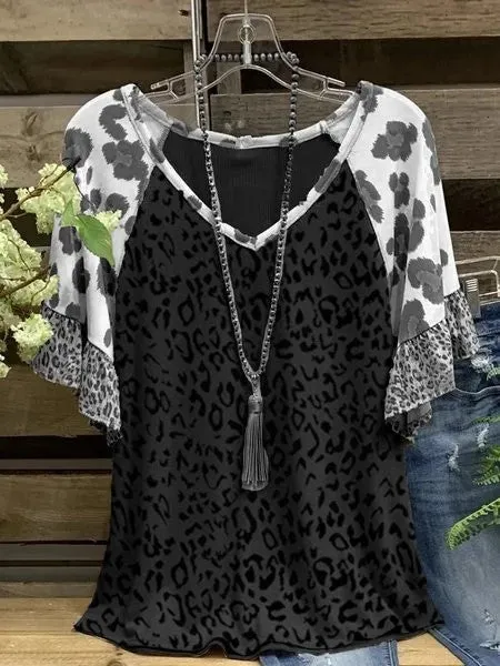 Waffle V-neck leopard print stitching casual five-point sleeve T-shirt