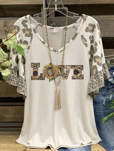 Waffle V-neck leopard print stitching casual five-point sleeve T-shirt