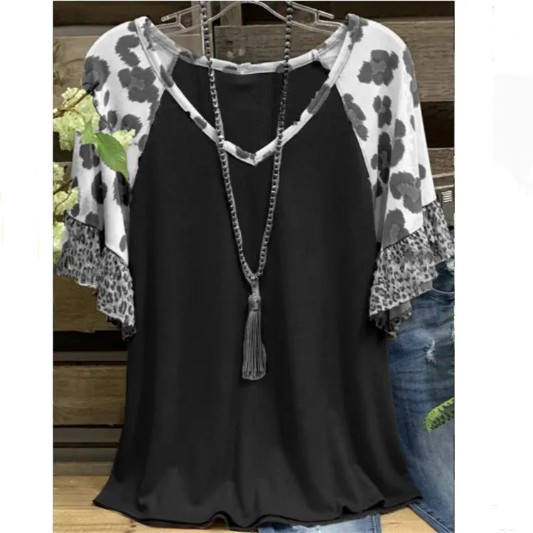 Waffle V-neck leopard print stitching casual five-point sleeve T-shirt