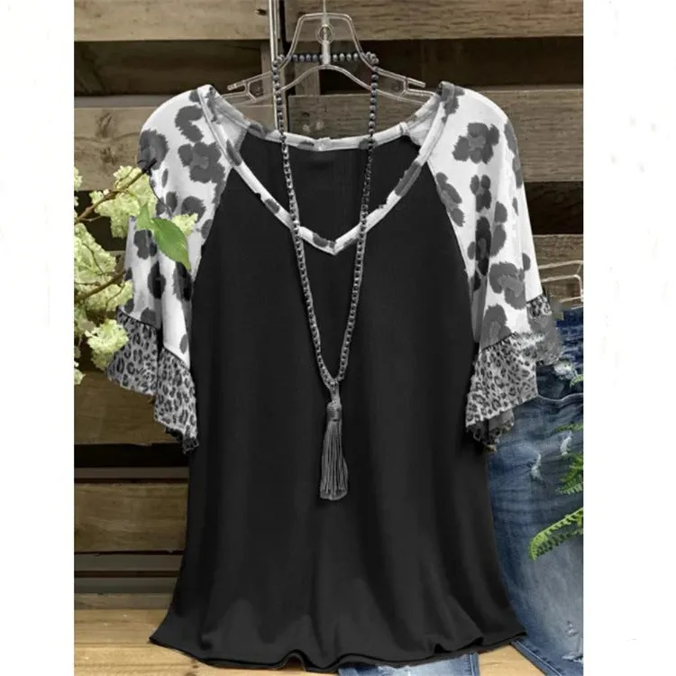 Waffle V-neck leopard print stitching casual five-point sleeve T-shirt