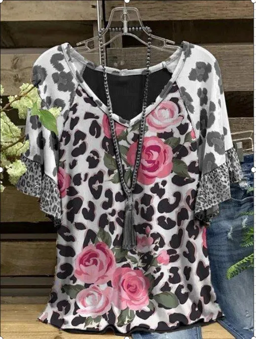 Waffle V-neck leopard print stitching casual five-point sleeve T-shirt