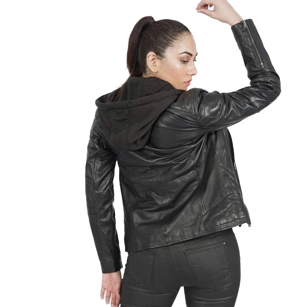 Winter Becky Hooded Black Leather Jacket