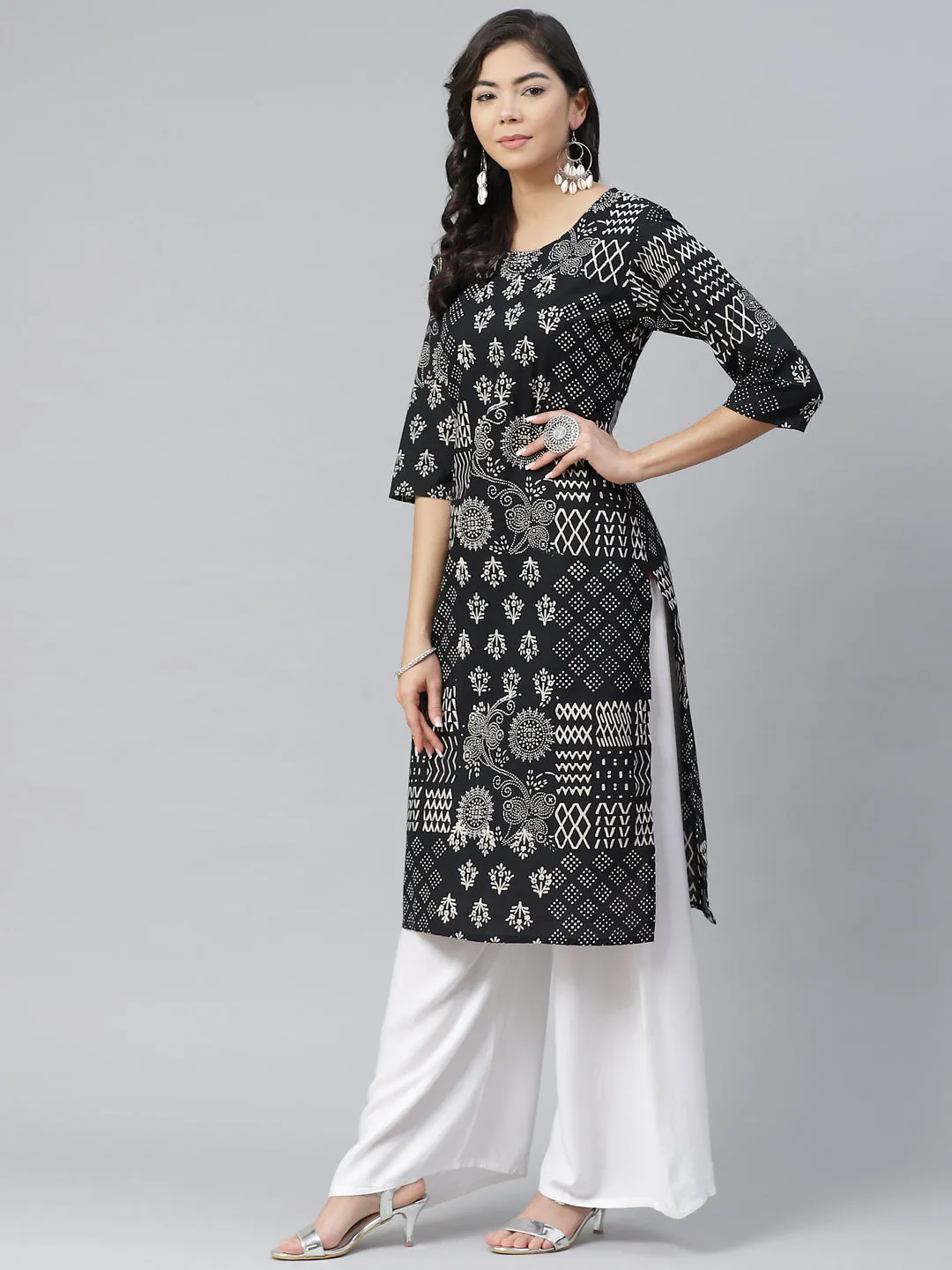 Women Black Abstract Printed Kurta