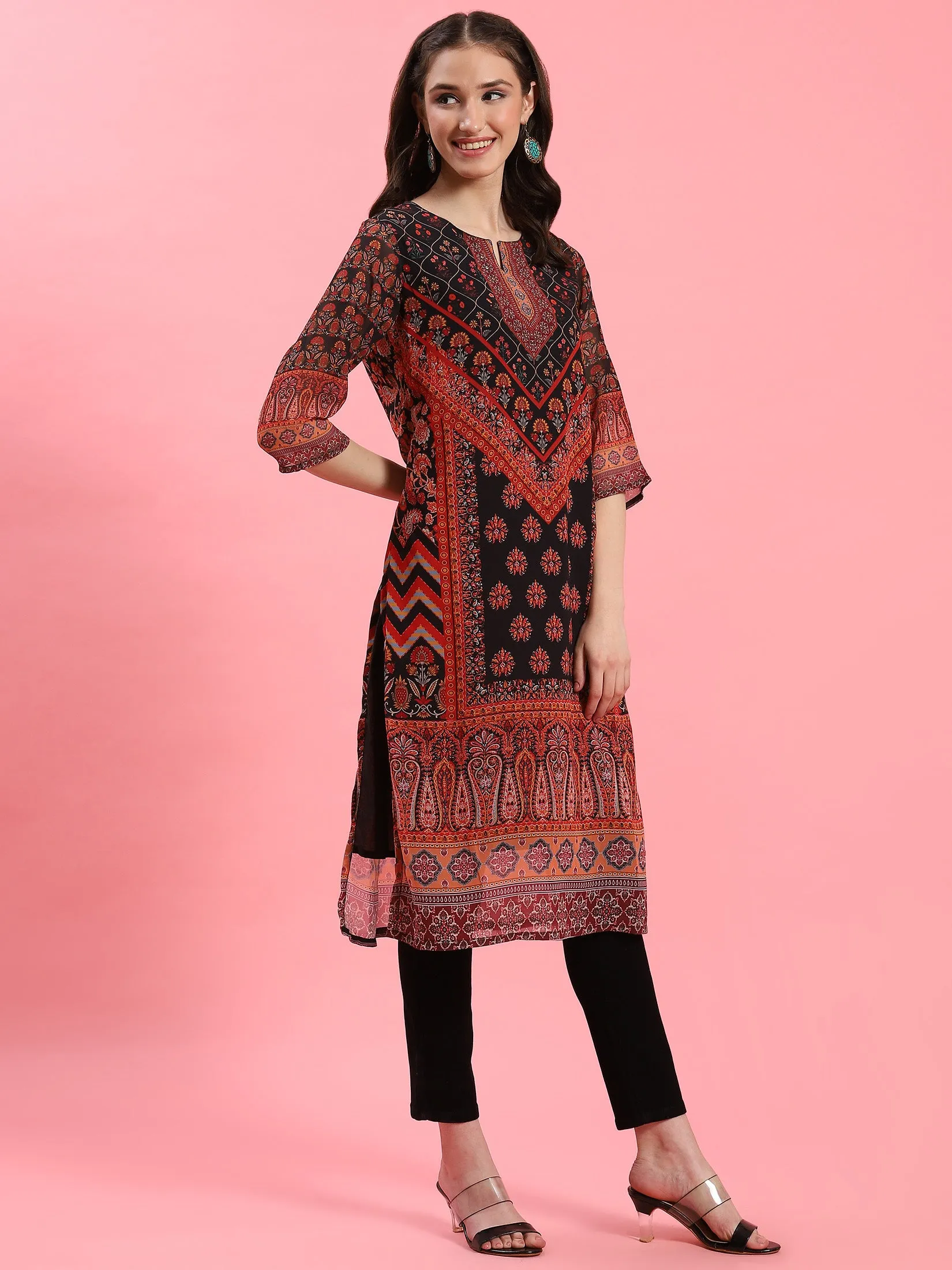 Women Black Floral Printed Kurta