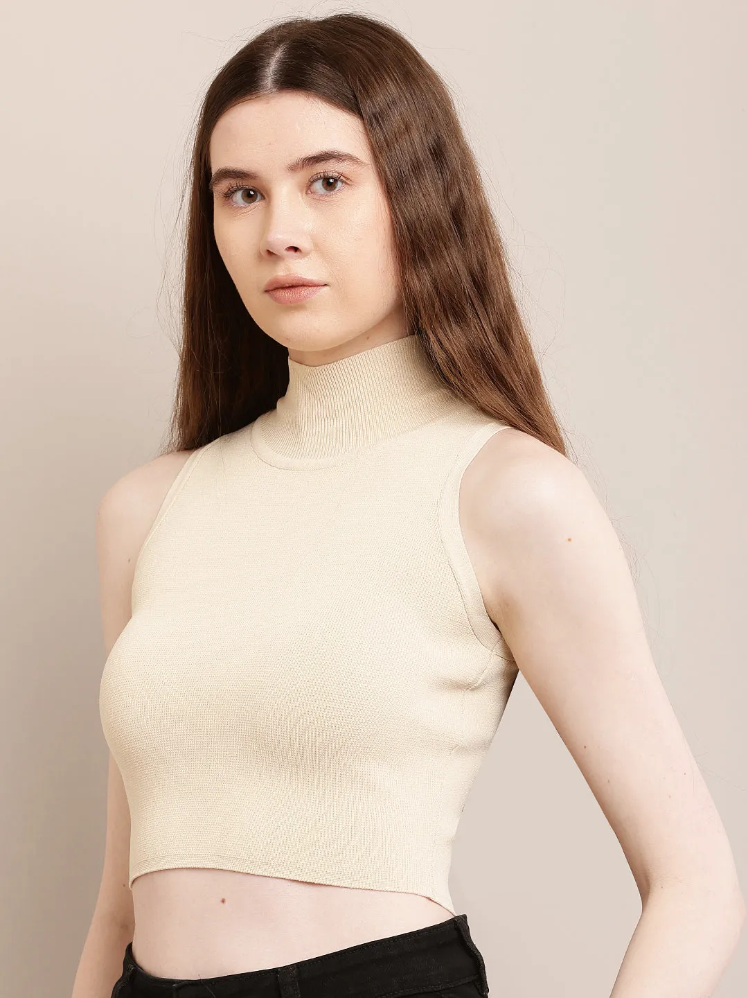 Women Cream Ribbed Crop Top