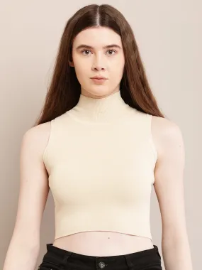 Women Cream Ribbed Crop Top