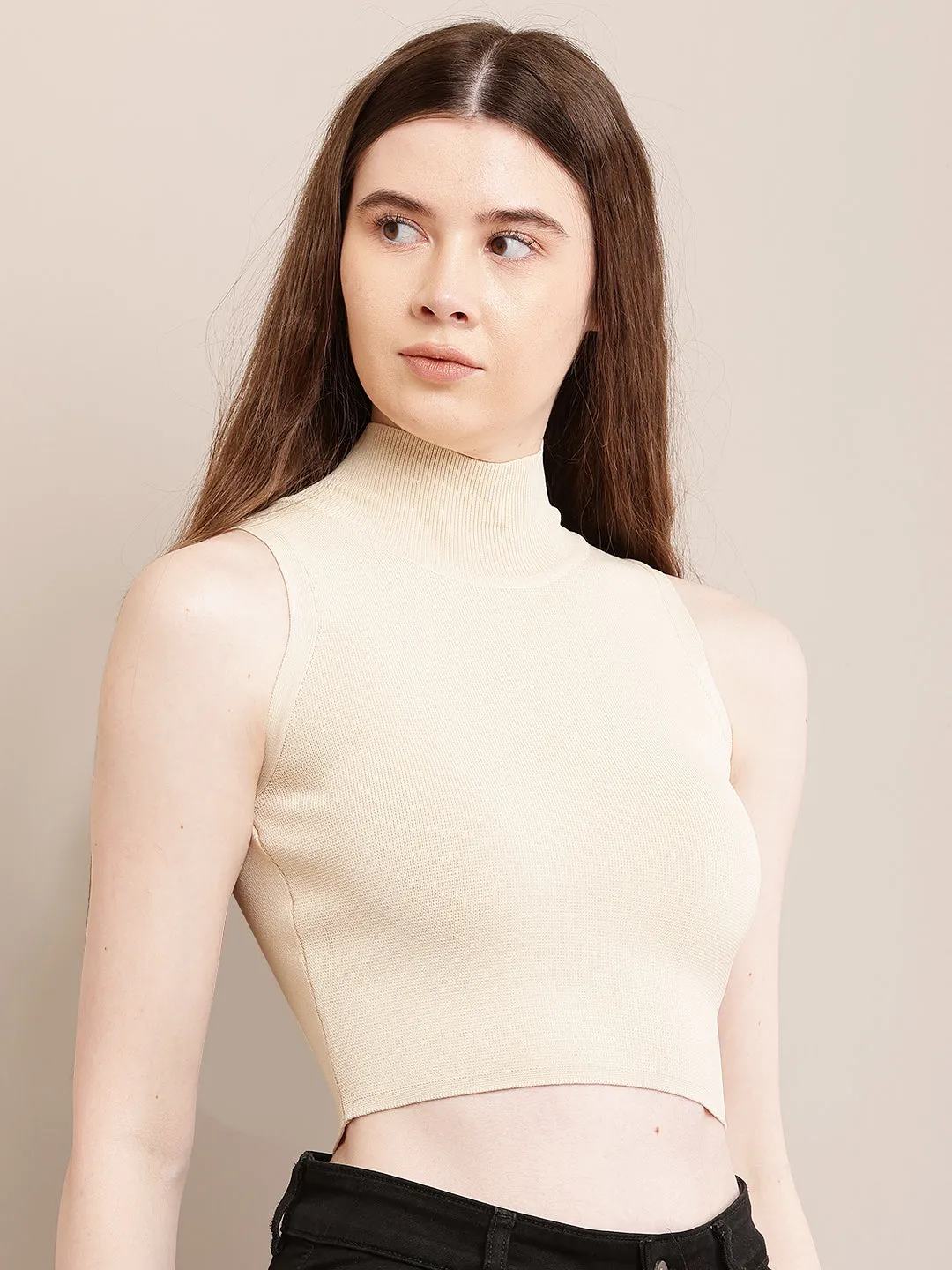 Women Cream Ribbed Crop Top