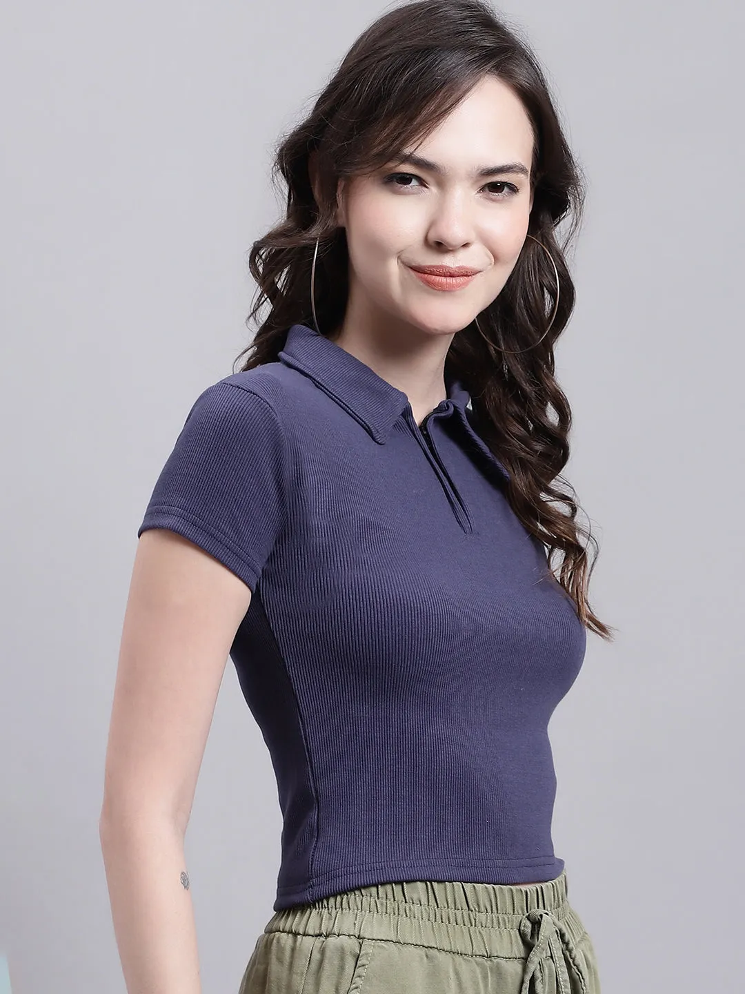 Women Dark Blue Polo Neck Top