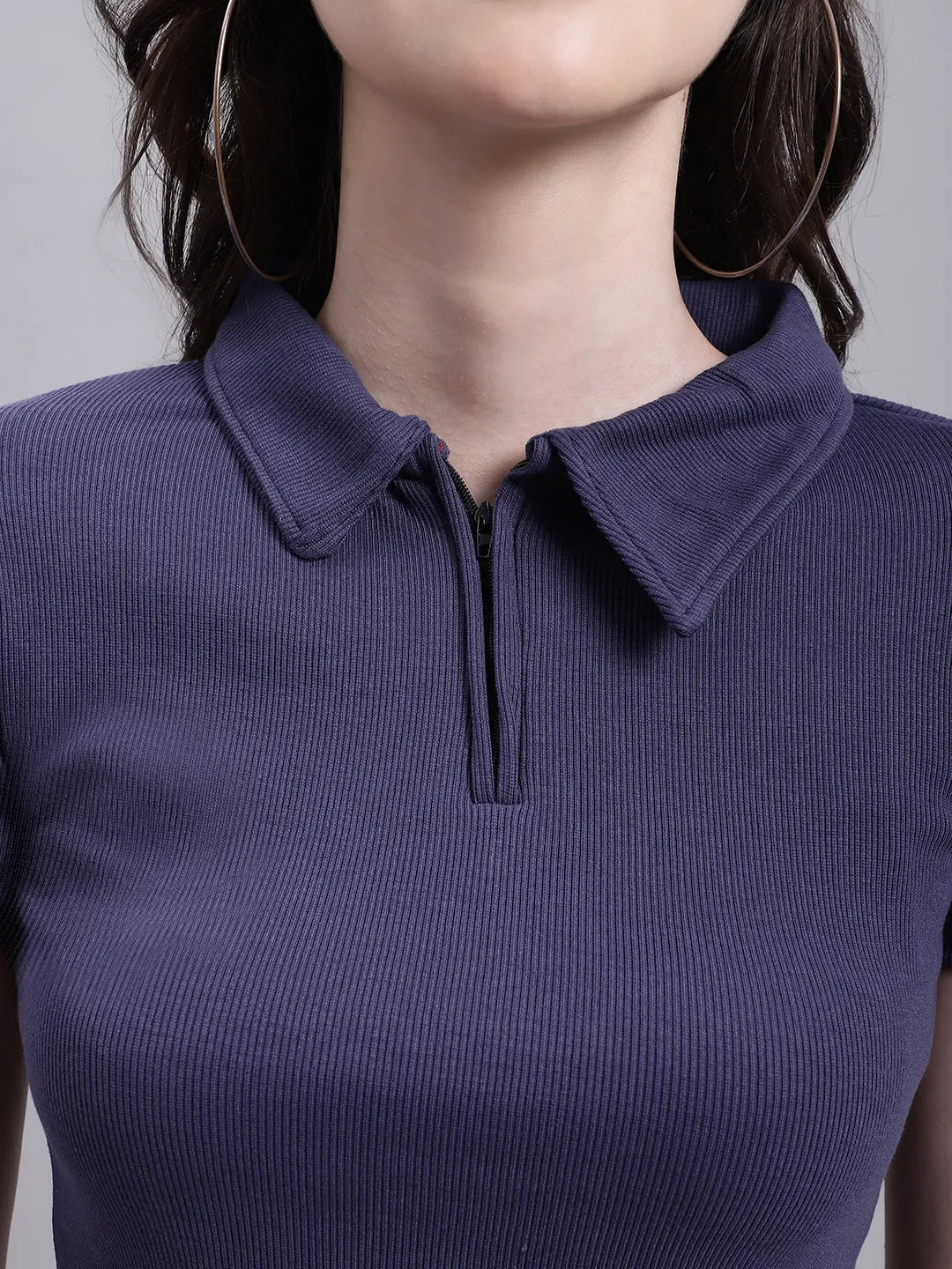 Women Dark Blue Polo Neck Top